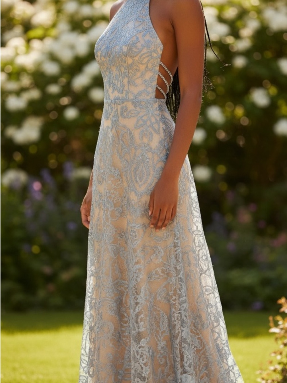 Speechless Light Blue Lace Backless Halter Gown